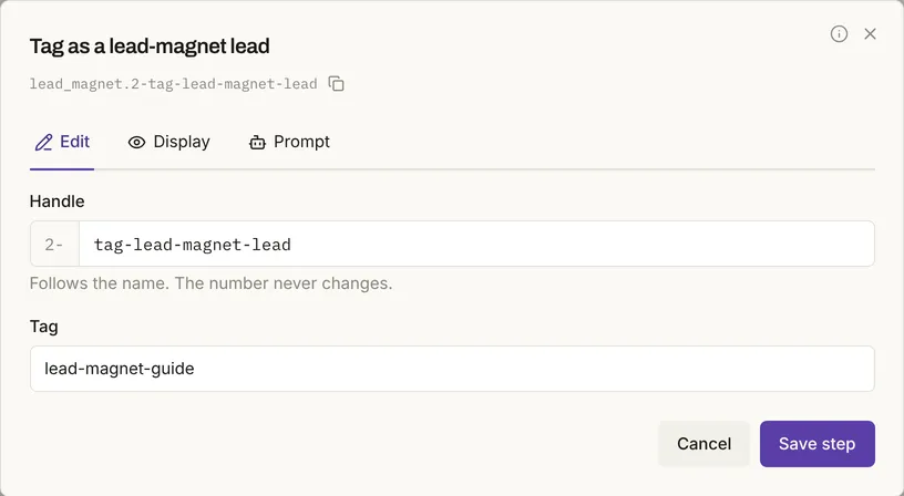 The edit dialog for the step Tag as a lead-magnet lead, with the Tag field set to lead-magnet-guide and the Save step button.