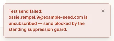 An error notice: Test send failed, the seed person is unsubscribed, send blocked by the standing suppression guard.