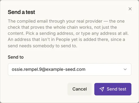The Send a test dialog with a seed address in Send to, and the Send test button.
