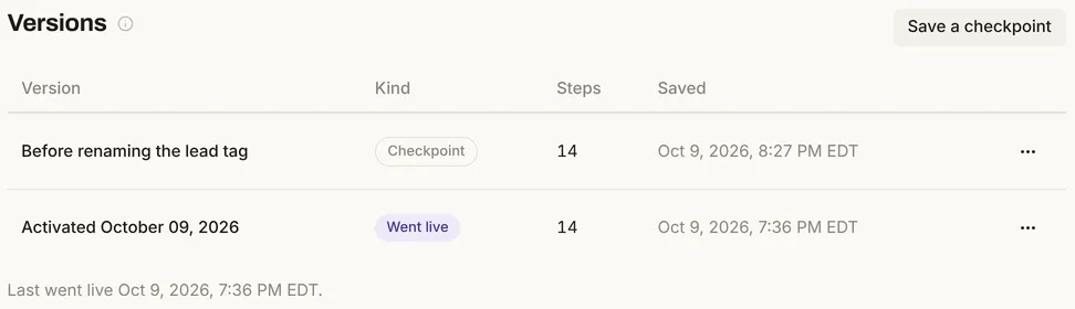 The Versions tab of the lead magnet flow: the checkpoint Before renaming the lead tag above the version from when the flow went live.