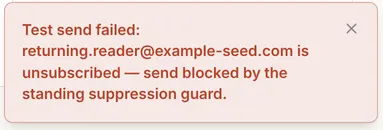 An error notice: Test send failed: returning.reader@example-seed.com is unsubscribed — send blocked by the standing suppression guard.