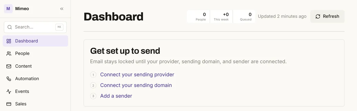 The Mimeo dashboard with 0 people and the Get set up to send card: email stays locked until your provider, sending domain and sender are connected, then Connect your sending provider, Connect your sending domain and Add a sender.