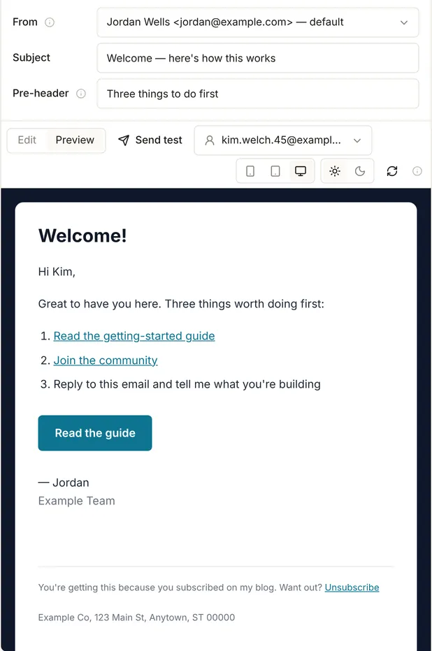 The Welcome email in Preview for one subscriber: the subject and pre-header, then the email itself greeting her as Hi Kim, with its links and Read the guide button.