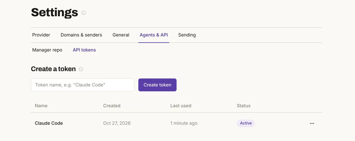 Settings, Agents & API, API tokens: the Create a token form and one token, Claude Code, created Oct 27, 2026, last used 1 minute ago, status Active.